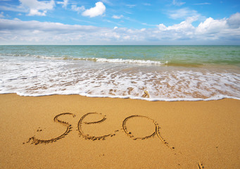 Sea word on the sea sand shore. Nature composition.
