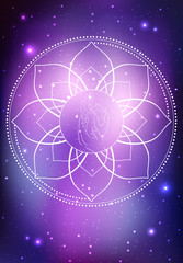 Vector illustration of a hand of  Buddha and frame of lotus on the cosmic background. Vector element for your creativity