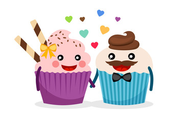 Cupcake couple vector illustration. Sweet cupcakes hold hands isolated on white background with confetti