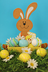 Easter concept. Rabbit with Easter eggs and daisies on grass