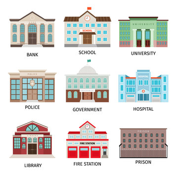 Government Building Colored Icons Isolated On White Background. Bank And Fire Office, University And Library Vector Illustration