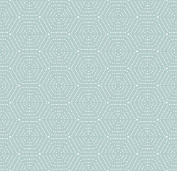 Geometric repeating vector blue and white ornament with hexagonal dotted elements. Geometric modern ornament. Seamless abstract modern pattern