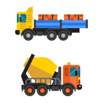 Concrete mixer and tipper truck cement industry equipment machine vector.