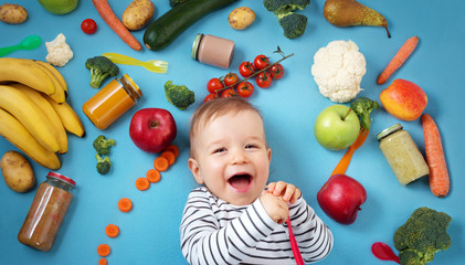 Fototapeta na wymiar Baby surrounded with fruits and vegetables