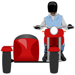 Color classic sidecar motorcycle with rider wearing sleeveless jacket, hoodie, black leather gloves and helmet front view isolated on white vector illustration