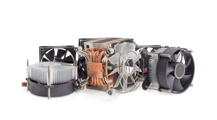 Several various CPU heatsinks and computer fans