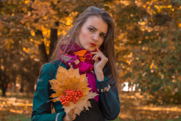 attractive girl stands in the autumn park holds a bouquet of leaves in her hand and looking forward