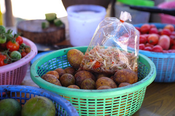 Papaya Salad in plastic bag from rural restaurant ,Thailand.