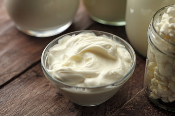 milk products - tasty healthy dairy products on a table on: sour