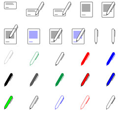 Pen and paper different colours - icons set.