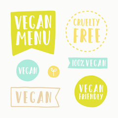 Vegan menu, cruelty free. Set of hand drawn vector badges