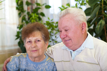 Smiling elderly couple at home