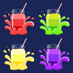 Set of 4 fruit and berry layered smoothies in mason jars with striped straws in a splash of yoghurt. Fresh natural berry drink, isolated. Vector hand drawn illustration eps10. - 136006378
