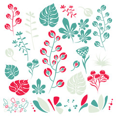 Floral design set in cute color, botanical plants silhouette and simple geometric shapes. Flowers, leaves, stems concept illustrations for trendy design.