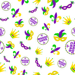 Obraz premium Vector illustration of cartoon seamless pattern with carnival party colored mask