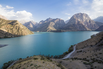 Iskanderkul mountain lake of glacial origin in Fann Mountains, Tajikistan, Sughd Province