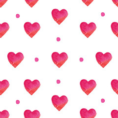 Pink hearts and dots on a white background. Seamless pattern. Watercolor illustration