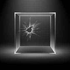 Vector Empty Transparent Broken Crack Glass Box Cube Isolated on Dark Black Background with Backlight