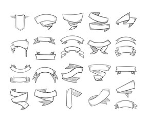Doodle pencil drawing vector banners and ribbons