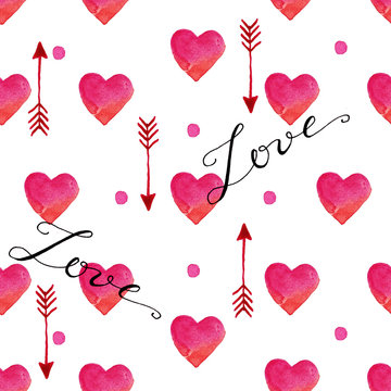 Fototapeta Pink hearts, arrows, inscriptions "love" and point on white background. Seamless pattern. Watercolor illustration