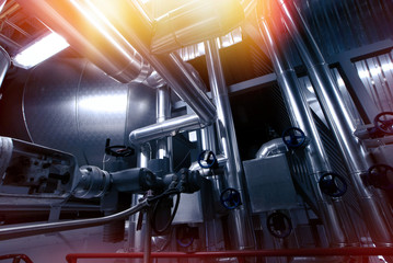 Industrial zone, Steel pipelines and cables in blue tones