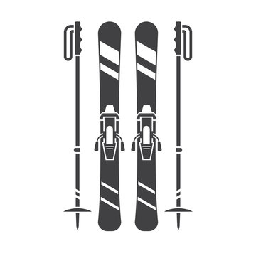 Mountain skis and ski poles outline illustration. Freeride skiing silhouette vector icons.