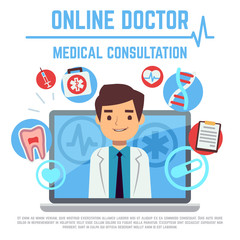 Online doctor, internet computer health service, medical consultation vector concept