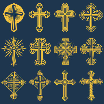Gothic catholic cross vector icons, catholicism symbol