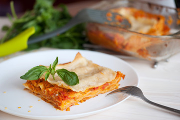 Healthy Vegetarian Lasagna, Fresh Italian Recipe with Basil Leaves
