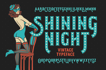 Vintage cabaret style font with beautiful female dancer wearing stocking, gloves, mask and lingerie.