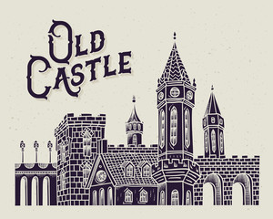 Old castle vector illustration. Medieval european building drawing.
