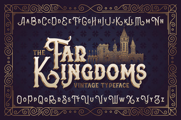 Vintage vector font. Elegant royal typeface in medieval ancient style. With an old castle illustration.