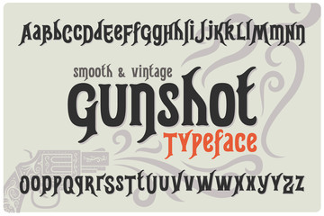 Classic smooth font named "Gunshot Typeface" with ornament illustration of a gun.