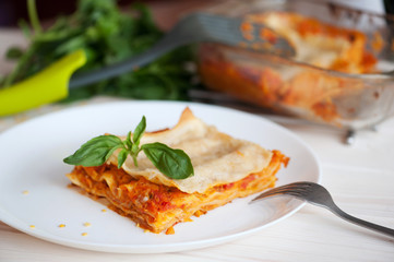 Healthy Vegetarian Lasagna, Fresh Italian Recipe with Basil Leaves