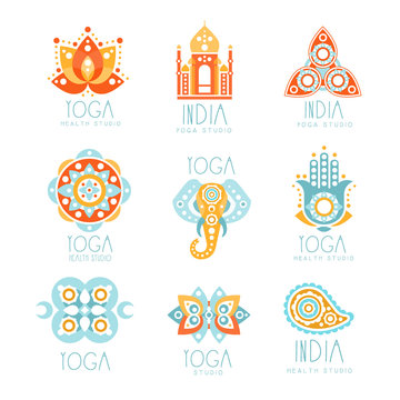 Indian Yoga Studio Set Of Colorful Promo Sign Design Templates With Mandalas And Stylized Famous Spiritual Indian Symbols