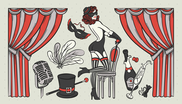 Set of vintage illustrations with cabaret show objects and beaut