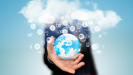 Hand holding social icons. social media concept