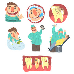 Funny Cartoon Dentist And Patient Illustration Set With Dental Care Procedures And Humanized Teeth Characters