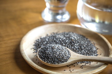 Close-up of  Chia Seeds in Wooden Spoon/Plate 