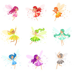 Colorful Rainbow Set Of Cute Girly Fairies With Winds And Long Hair Dancing Surrounded By Sparks And Stars In Pretty Dresses - obrazy, fototapety, plakaty