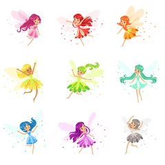 Fotobehang Colorful Rainbow Set Of Cute Girly Fairies With Winds And Long Hair Dancing Surrounded By Sparks And Stars In Pretty Dresses © topvectors