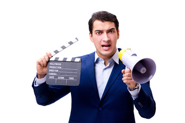 Handsome man with movie clapper isolated on white