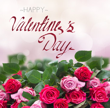 Border Of Pink Rose Flowers On Pink Bokeh Background With Happy Valentines Day Greetings