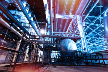 Industrial zone, Steel pipelines and cables in blue tones