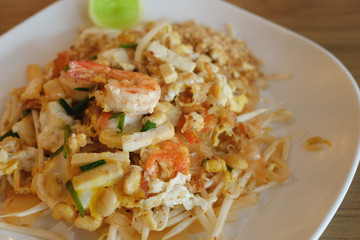 Closeup pad thai noodle , Stir fry noodles in thai food style, healthy concept