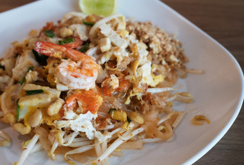 Closeup pad thai noodle , Stir fry noodles in thai food style, healthy concept