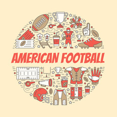 American football banner with line icons of ball, field, player, whistle, helmet and other sport equipment. Vector circle illustration for football championship poster.