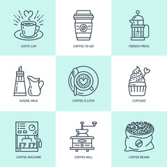 Coffee making, brewing equipment vector line icons. Elements - coffeemaker, french press, grinder, espresso, cup, beans. Linear pictogram with editable stroke for restaurant menu.