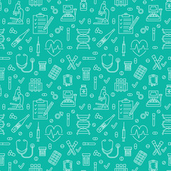 Medical seamless pattern blue color , clinic vector illustration. Hospital thin line icons - thermometer, check up, diagnostic, microscope, stethoscope. Cute repeated texture business presentation.