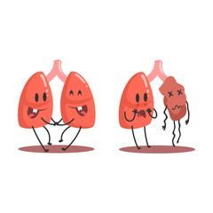 Lungs Human Internal Organ Healthy Vs Unhealthy, Medical Anatomic Funny Cartoon Character Pair In Comparison Happy Against Sick And Damaged